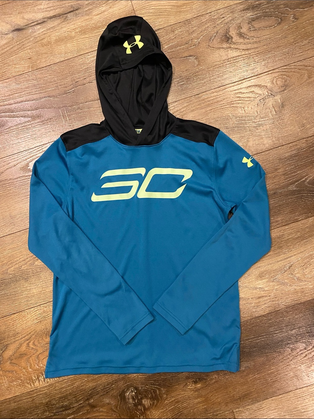 Under Armour Teal Blue & Black Hooded Performance Long Sleeve with Neon Logo